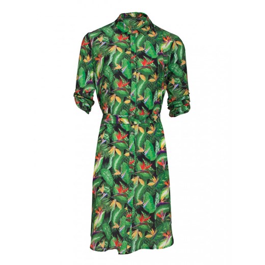 Sukienka zielona Smashed Lemon w kwiaty z kołnierzykiem koszulowa z długim rękawem 