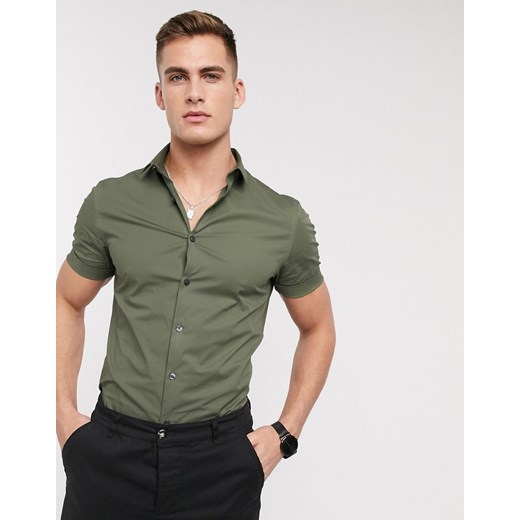 New Look – Popelinowa koszula z krótkim rękawem o kroju podkreślającym sylwetkę w kolorze khaki-Zielony  New Look XXS Asos Poland