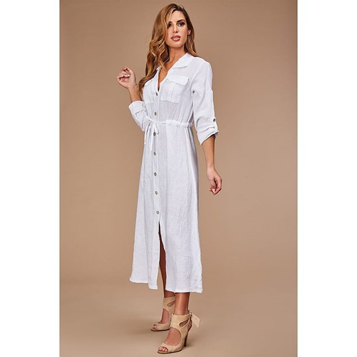 Sukienka biała z kołnierzykiem midi na co dzień 
