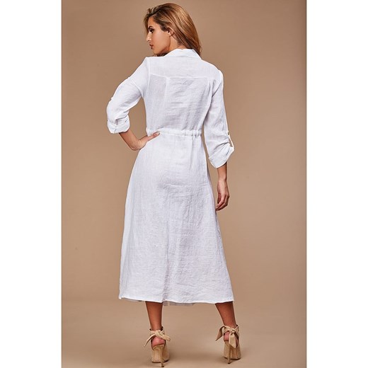 Sukienka biała lniana midi z długimi rękawami z kołnierzykiem 