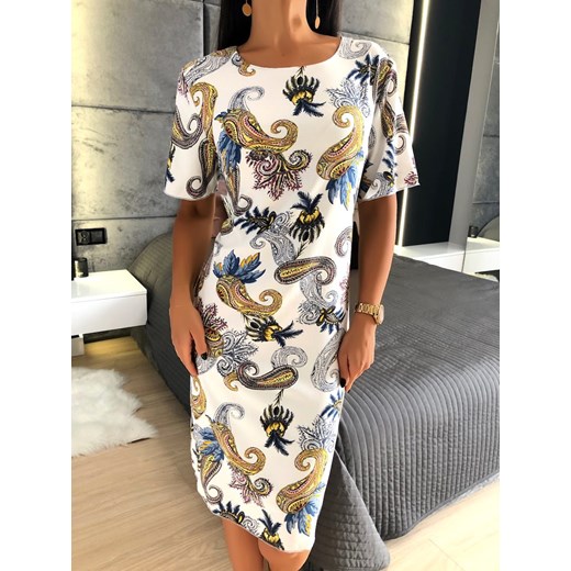Biała Sukienka w Granatowy Wzór 4400-307 Modnakiecka.pl 46