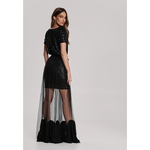 Sukienka Renee elegancka czarna z krótkimi rękawami maxi z okrągłym dekoltem 