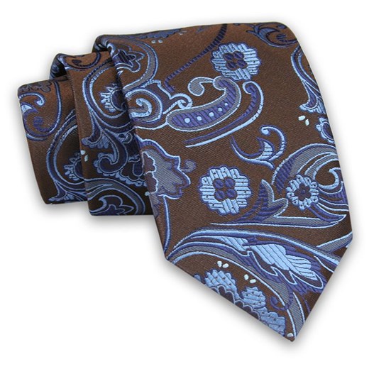Brązowo-Niebieski Męski Krawat -Chattier- 7,5cm, Klasyczny, Elegancki, w Kwiatki, Motyw Florystyczny KRCH1162 Chattier   JegoSzafa.pl