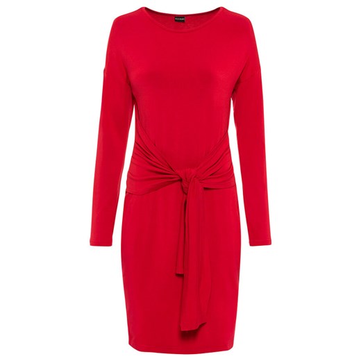 Sukienka Bonprix czerwona z jerseyu mini z długim rękawem prosta z okrągłym dekoltem dzienna 