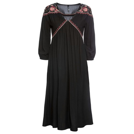 Czarna sukienka Bonprix z długim rękawem trapezowa elegancka z okrągłym dekoltem midi 