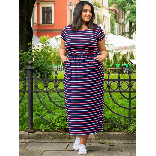 Sukienka long dzianinowa z kieszeniami PLUS SIZE IWONA w paski granat-ecru-neon róż PROMOCJA