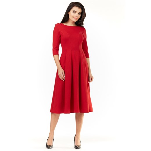 CM3492 Elegancka rozkloszowana sukienka midi - czerwona