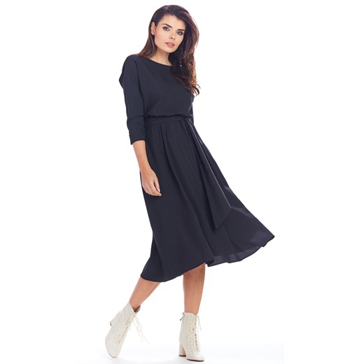 CM5005 Elegancka sukienka midi z pasem - czarna