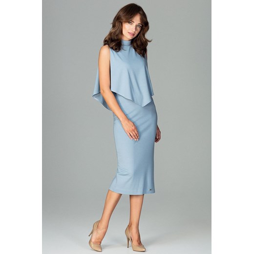 CM3794 Dopasowana sukienka z doszytą peleryną - niebieska