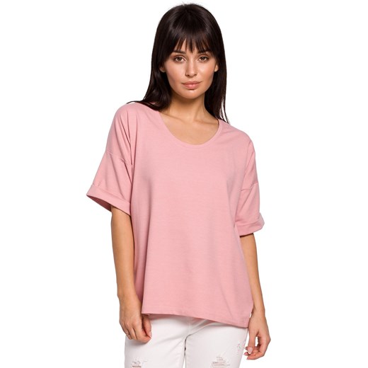 B147 T-shirt oversize z dekoltem i haftem - różowy