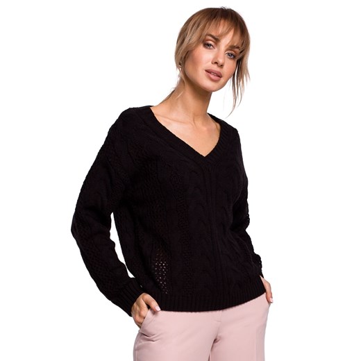 M510 Ażurowy sweter z dekoltem w serek - czarny ze sklepu Świat Bielizny w kategorii Swetry damskie - zdjęcie 89472792