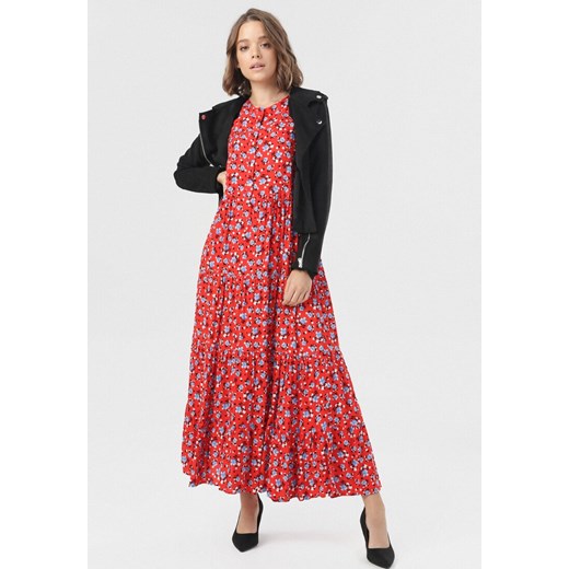 Born2be sukienka czerwona maxi trapezowa w kwiaty na spacer z długim rękawem