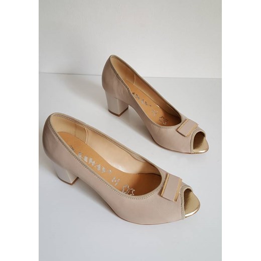 Czółenka Saway ze skóry bez zapięcia peep toe eleganckie na słupku