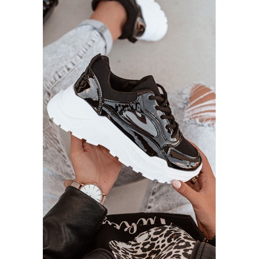 Buty sportowe damskie Shopaholics Dream sneakersy czarne ze skóry płaskie sznurowane wiosenne 