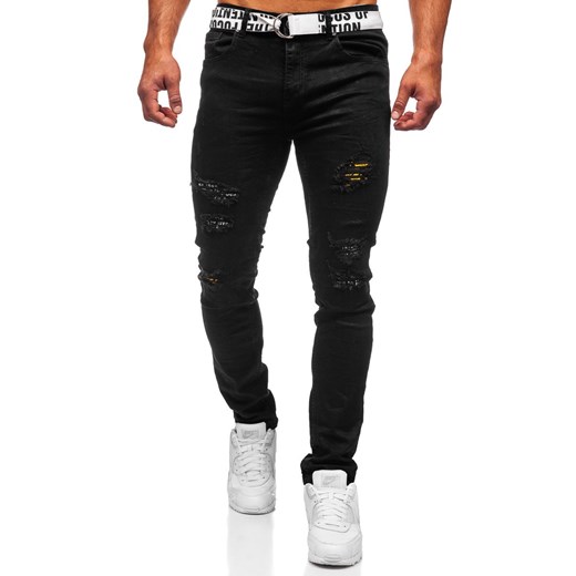Czarne jeansowe spodnie męskie slim fit z paskiem Denley 60014WO M okazyjna cena Denley
