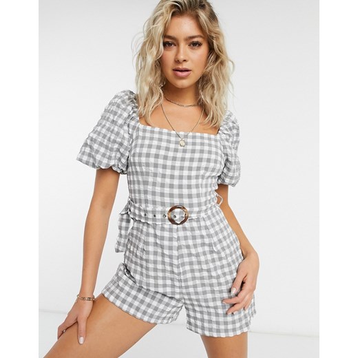 Missguided – Szary krótki kombinezon milkmaid w kratkę z paskiem-Wielokolorowy Missguided 42 Asos Poland
