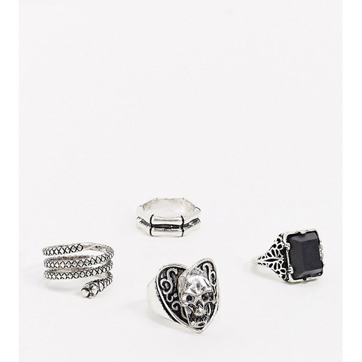 Reclaimed Vintage – Zestaw pierścionków inspirowanych stylem retro w kolorze oksydowanego srebra z motywem czaszki i czarnym sztucznym onyksem-Srebrny Reclaimed Vintage M/L Asos Poland