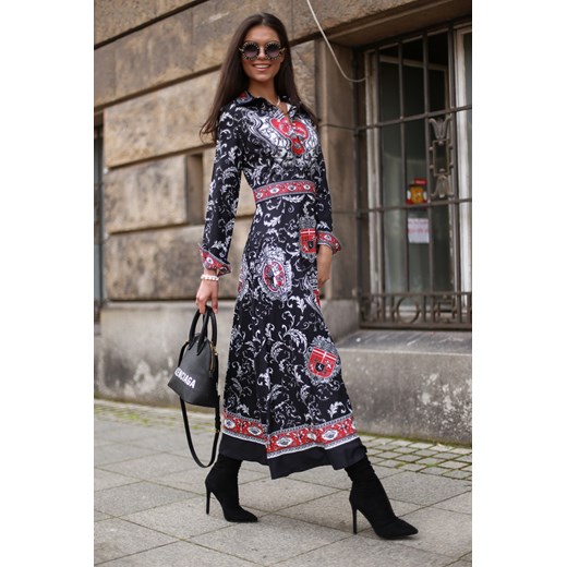Sukienka midi w chińskie wzorki czarna z czerwonym  Jill 62 Hollywood Dream L hollywooddream.pl