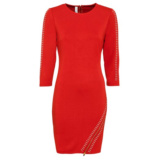 Sukienka Bonprix czerwona mini dopasowana dzienna z okrągłym dekoltem z długim rękawem 