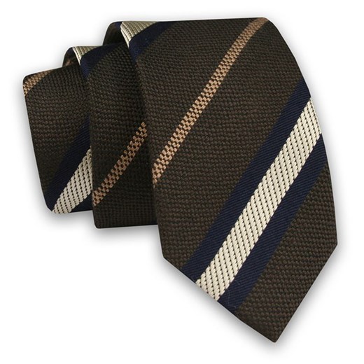 Brązowy Elegancki Męski Krawat -ALTIES- 6cm, Stylowy, Klasyczny, w Biało-Beżowo-Granatowe Paski KRALTS0524 ze sklepu JegoSzafa.pl w kategorii Krawaty - zdjęcie 91829691