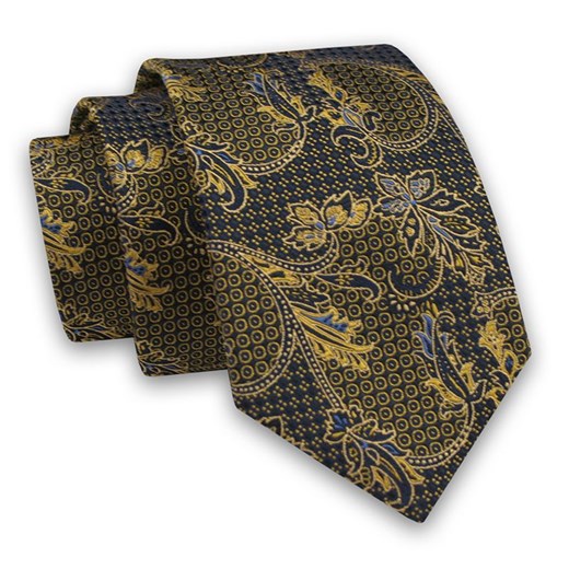 Granatowo-Żółty Elegancki Męski Krawat -ALTIES- 7cm, Stylowy, Klasyczny, Wzór Orientalny KRALTS0521 ze sklepu JegoSzafa.pl w kategorii Krawaty - zdjęcie 91829743