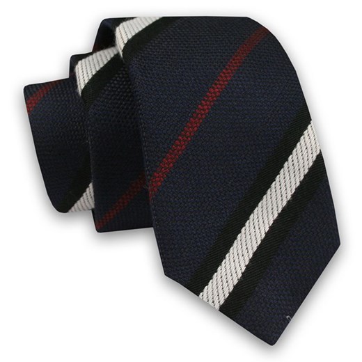 Granatowy Elegancki Męski Krawat -ALTIES- 6cm, Stylowy, Klasyczny, w Biało-Czerwono-Czarne Paski KRALTS0515 ze sklepu JegoSzafa.pl w kategorii Krawaty - zdjęcie 91829751