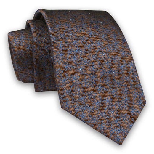 Karmelowy Elegancki Męski Krawat -ALTIES- 7cm, Stylowy, Klasyczny, w Niebieskie Drobny Kwiatki KRALTS0511 ze sklepu JegoSzafa.pl w kategorii Krawaty - zdjęcie 91829773