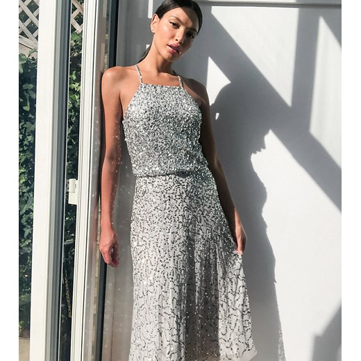 Maya Tall – Srebrna ołówkowa sukienka midi z cekinami-Szary Maya Tall 40 Asos Poland