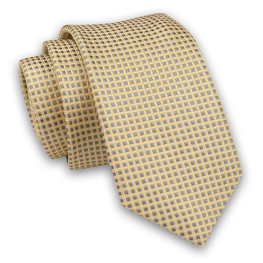 Beżowo-Żółty Elegancki Męski Krawat -Angelo di Monti- 6 cm, w Drobną Kratkę KRADM1785 Angelo Di Monti JegoSzafa.pl