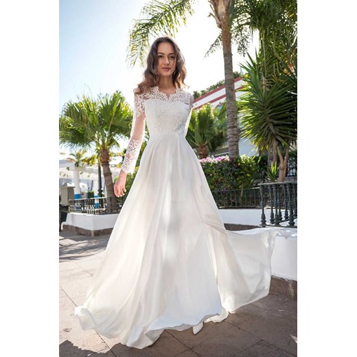 Sukienka Paula biała(ecru) - długa, ślubna z koronkową górą i długim rękawem Marconi 50 MyLittleHeaven