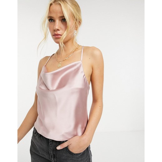 ASOS DESIGN – Różowy satynowy top na cienkich ramiączkach z drapowanym dekoltem-Srebrny 40 Asos Poland