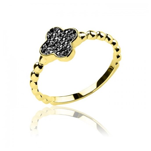 Złoty pierścionek - kulkowa obrączka z koniczynką (czarne cyrkonie) Hosa Hosa