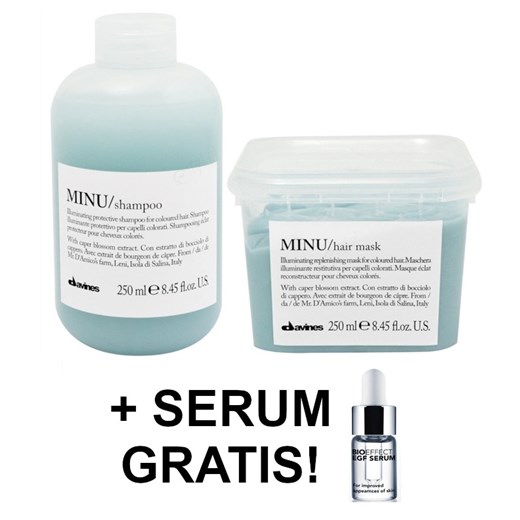 Davines Minu | Zestaw do włosów farbowanych: szampon 250ml + maska 250ml  + serum do twarzy 3ml GRATIS Davines Estyl.pl