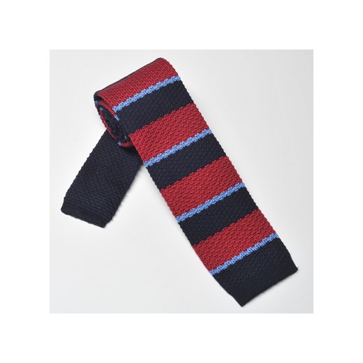 Granatowy bawełniany krawat z dzianiny / knit w bordowe i błękitne pasy eleganckipan-com-pl czerwony abstrakcyjne wzory