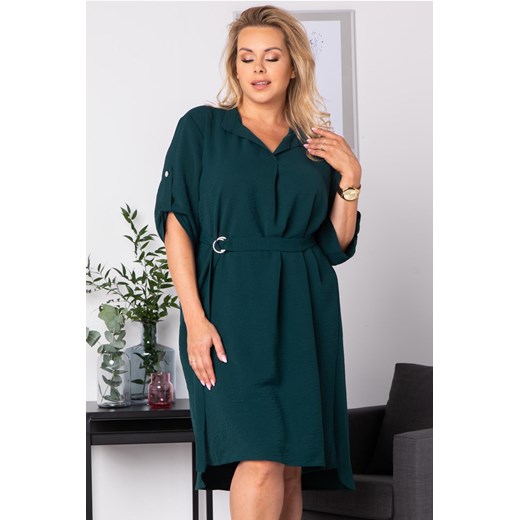 Sukienka swobodna z paskiem duże rozmiary ANIESA butelkowa zieleń Plus Size karko.pl