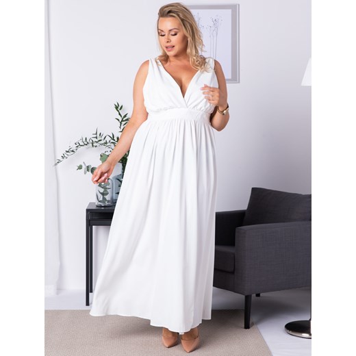 Sukienka long z efektownym dekoltem i rozcięciem PARMA ecru Plus Size karko.pl
