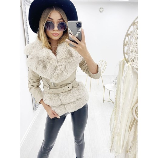 Krótka kurtka z futerkiem w kolorze beżowym W150 Charlotte Fashion L/40 Charlotte Fashion