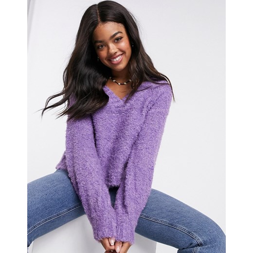 Pieces – Purpurowy puszysty sweter z dekoltem w kształcie litery V-Fioletowy Pieces M Asos Poland