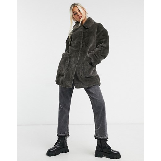 Topshop – Płaszcz ze sztucznego futra w kolorze grafitowym-Szary Topshop 46 Asos Poland