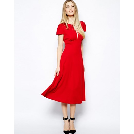 Asos Kloszowana Sukienka Midi z Dekoltem aleja-mody czerwony elastyczne