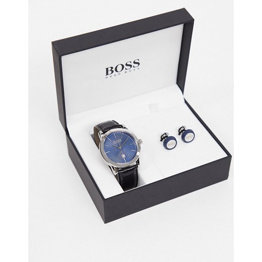 BOSS – Zestaw podarunkowy – zegarek na skórzanym pasku i spinki do mankietów-Granatowy No Size Asos Poland