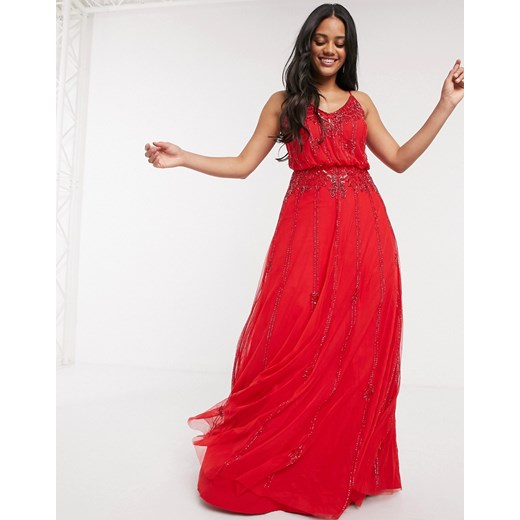 Lace & Beads – Czerwona sukienka maxi ze zdobieniami-Czerwony Lace & Beads M okazyjna cena Asos Poland