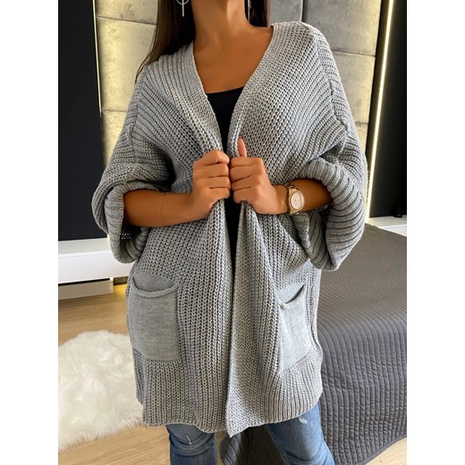 Szary Kardigan Sweter Oversize 4701-309-E Modnakiecka.pl Uniwersalny ModnaKiecka.pl