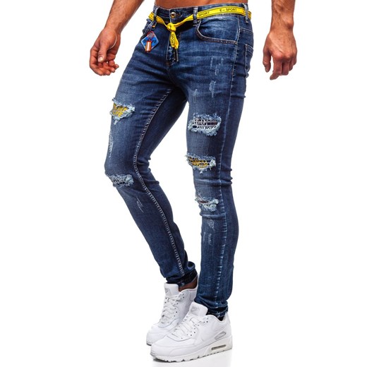 Granatowe jeansowe bojówki spodnie męskie slim fit Denley 80030W0 XL wyprzedaż Denley