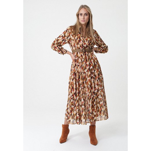 Camelowa Sukienka Windom z Błyszczącym Nadrukiem ze sklepu Born2be Odzież w kategorii Sukienki - zdjęcie 95853593