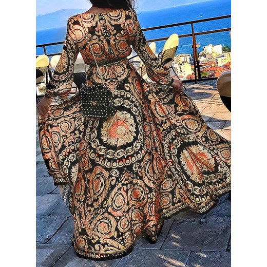 Sukienka Sandbella w abstrakcyjne wzory maxi z dekoltem w serek z długim rękawem 