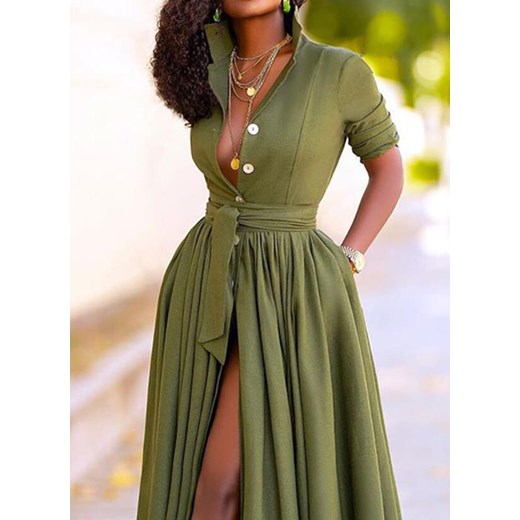 Zielona sukienka Sandbella na co dzień szmizjerka casualowa z dekoltem w serek 