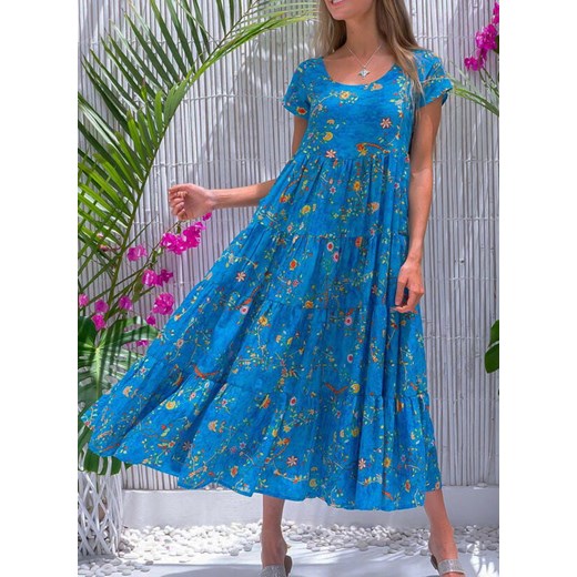 Sukienka Sandbella z krótkimi rękawami midi na co dzień niebieska z okrągłym dekoltem z szyfonu 