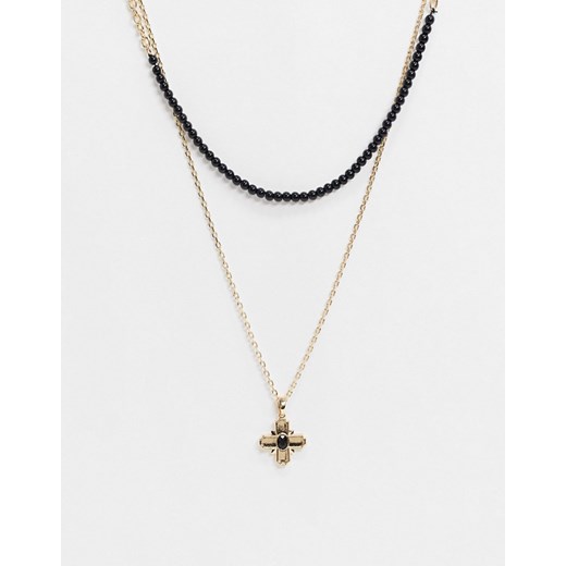 Chained & Able – Warstwowe naszyjniki na szyję z krzyżykiem w odcieniu złota i czarne koraliki-Wielokolorowy Chained & Able No Size Asos Poland