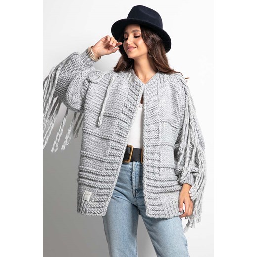 Sweter damski Fobya szary z dekoltem w serek casual